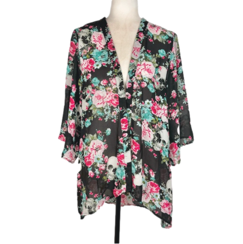 Hot Topic floral skull open kimono